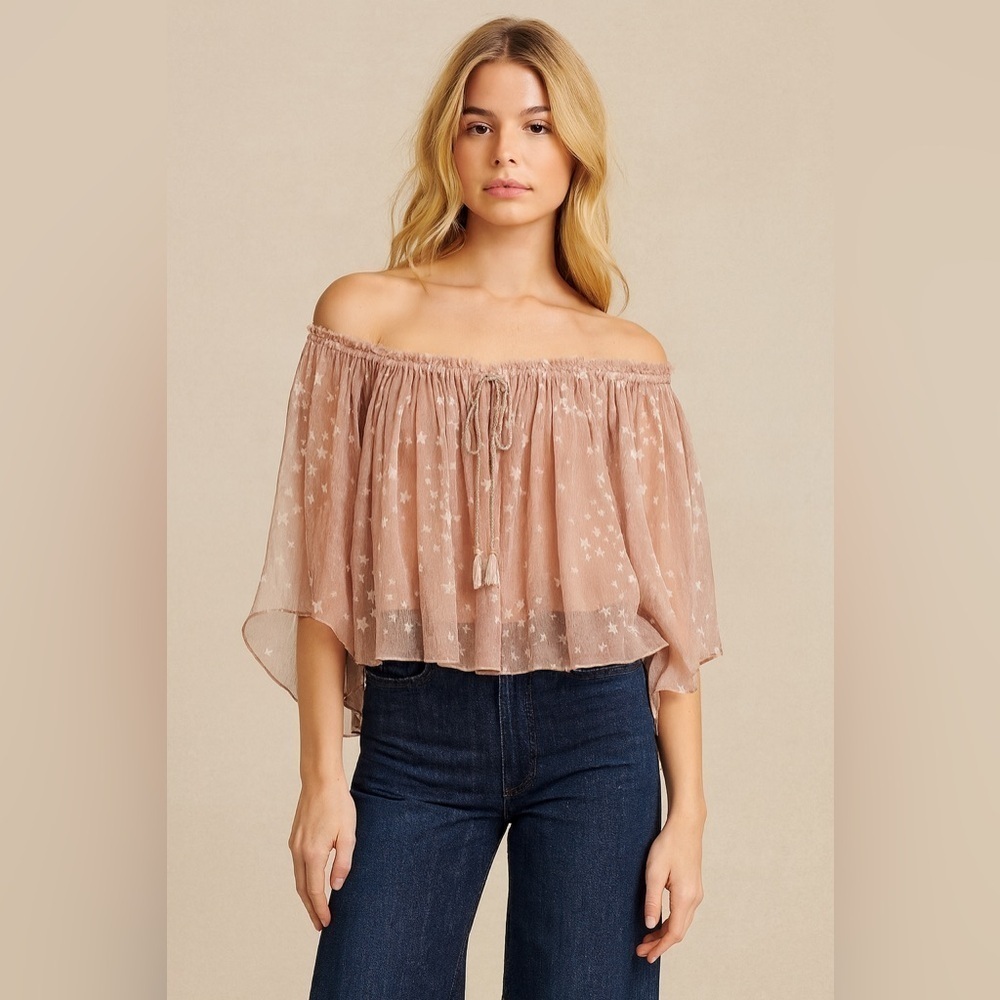 RARE LoveShackFancy Silk Off the Shoulder Star Top sz XS